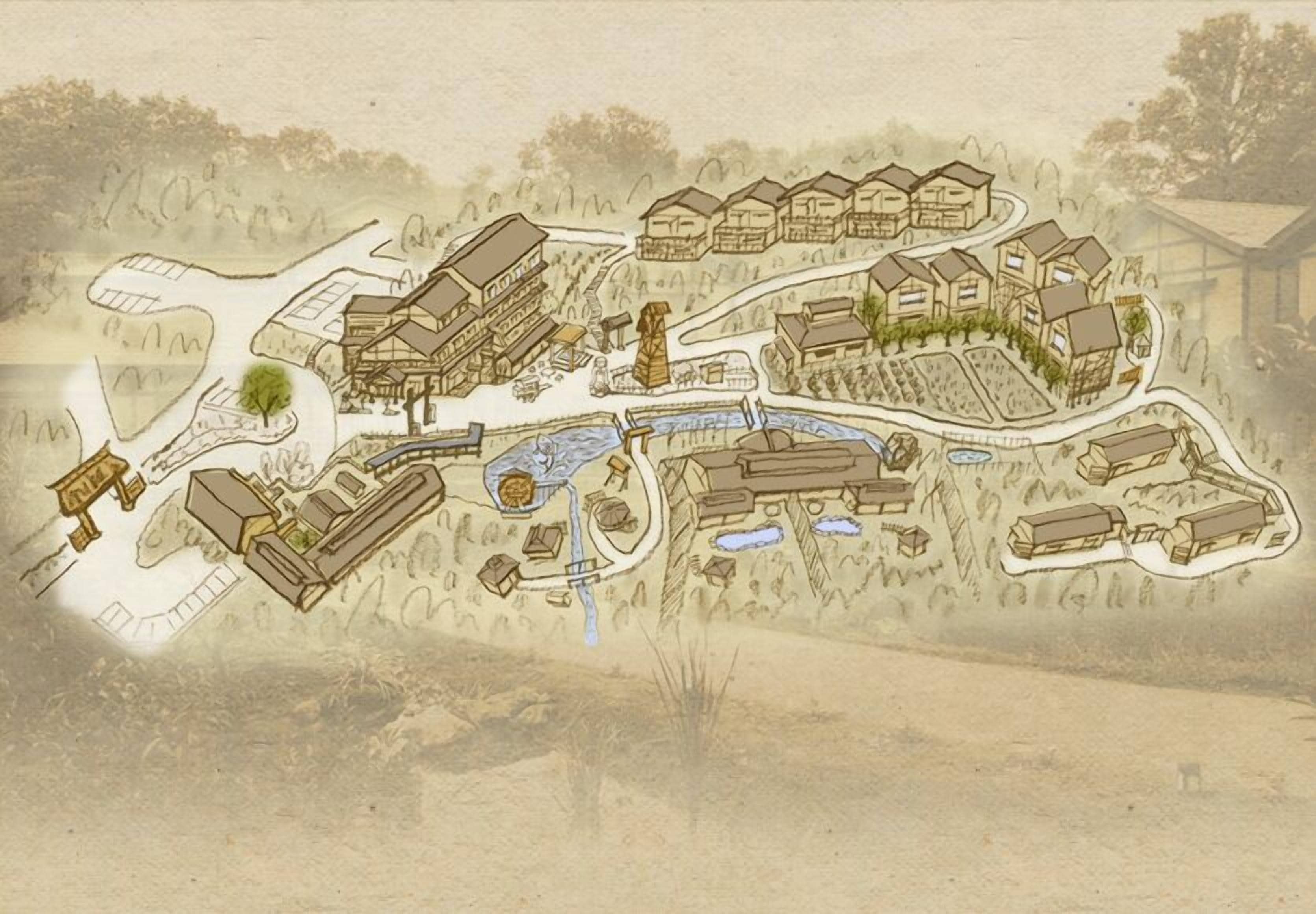 Distribución detallada de un complejo turístico con varias edificaciones, una piscina y un pequeño lago.
