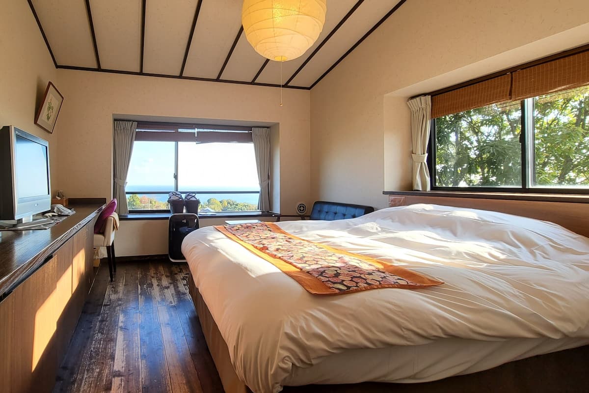 A hotel room with a bed, a desk, a chair, a television, and a window with a view.