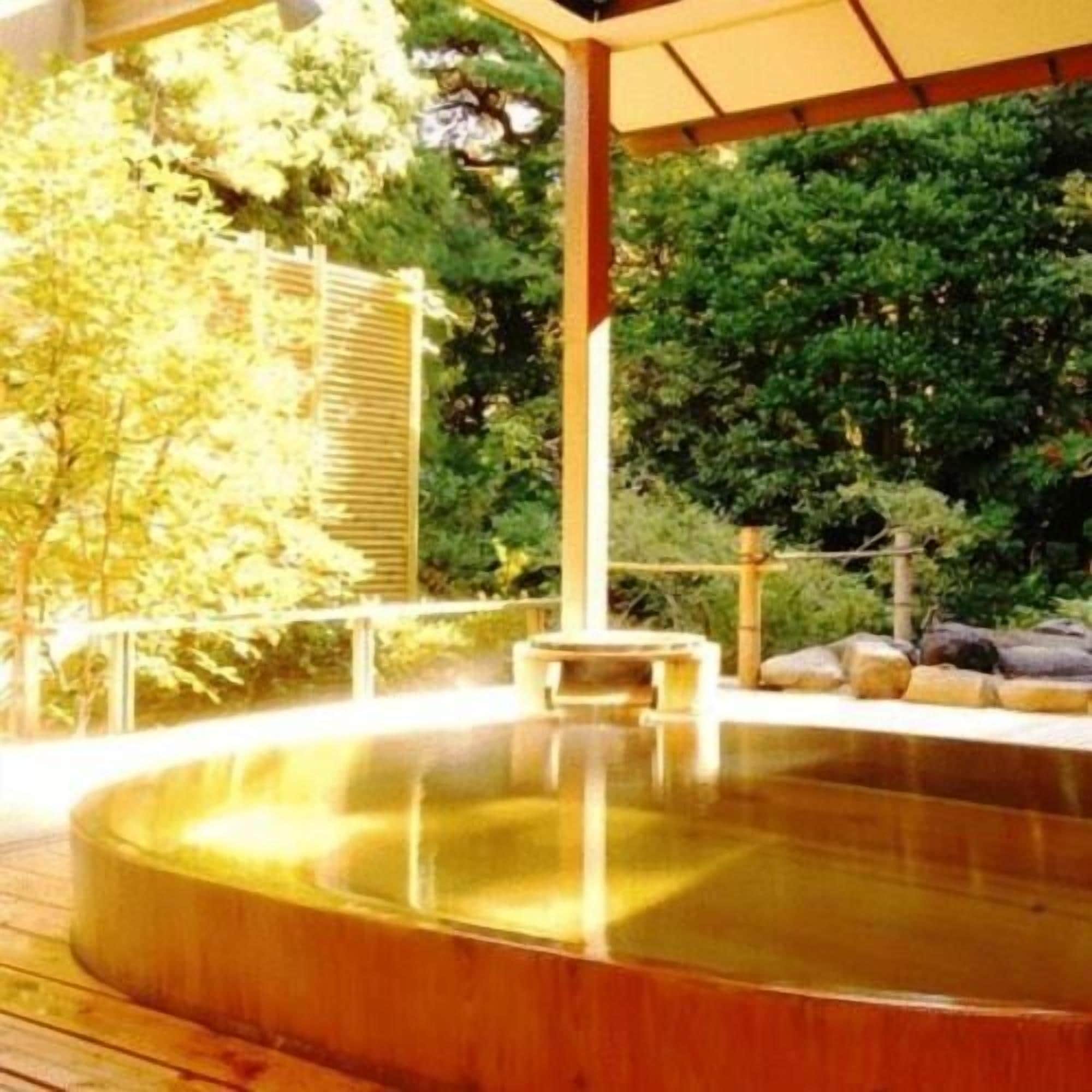 A hot spring area with a wooden deck and a covered seating area.