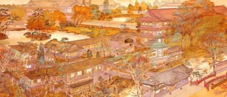 A traditional Japanese town with multiple buildings, including a pagoda and a bridge.