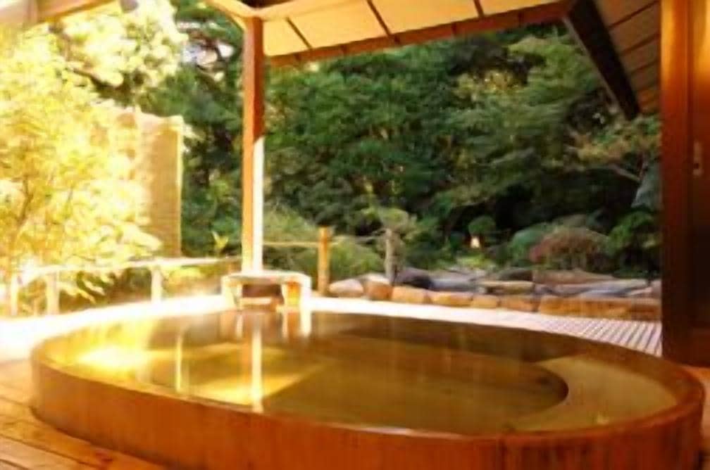 A hot spring bath area with a wooden deck and surrounding greenery.