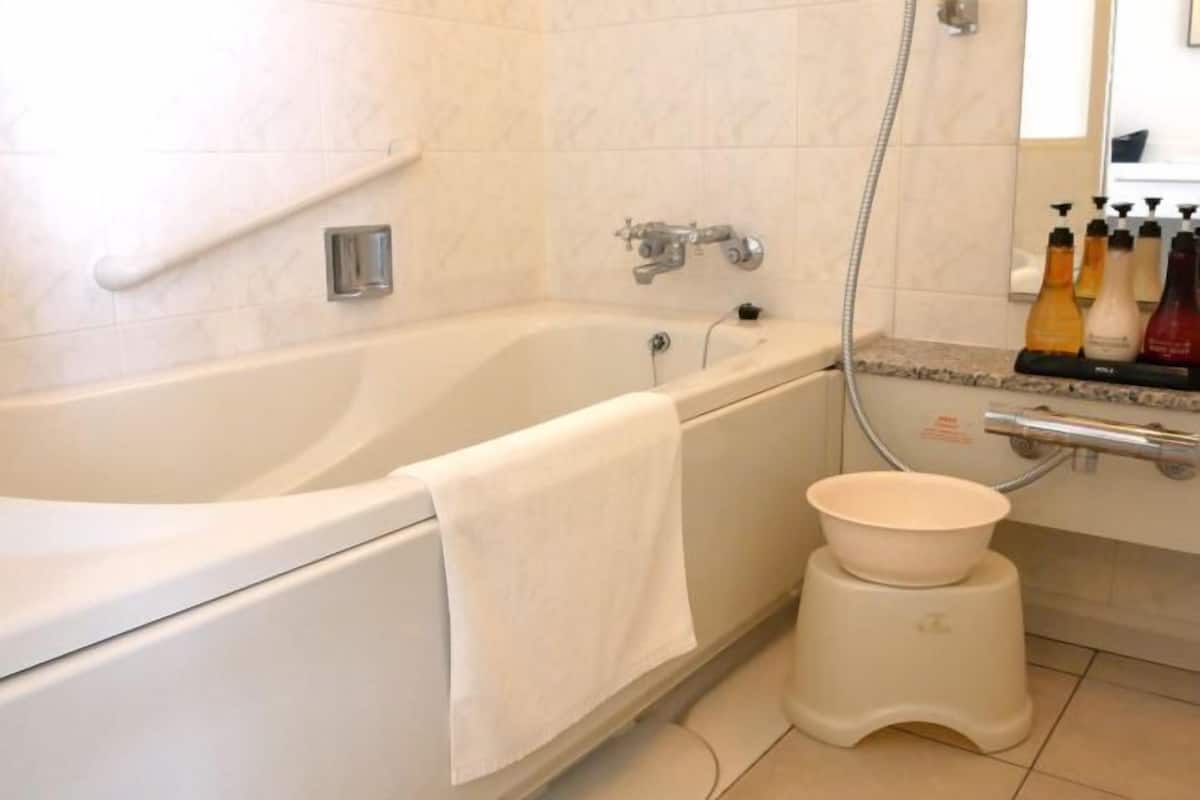 Combined shower/tub, free toiletries, hair dryer, slippers