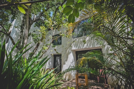 A courtyard with a white building, lush greenery, and a wooden table.. Hotel Sotavento & Yacht Club