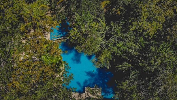 An aerial view of a tropical resort with a clear blue pool surrounded by dense greenery. - Hotel Sotavento & Yacht Club (Cancun)
