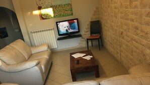 A living room with a white leather sofa, a wooden coffee table with papers, a television displaying a dog, and a brick wall. - Villa Margherita (Naples)