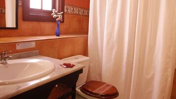 A bathroom with a sink, toilet, and shower curtain.