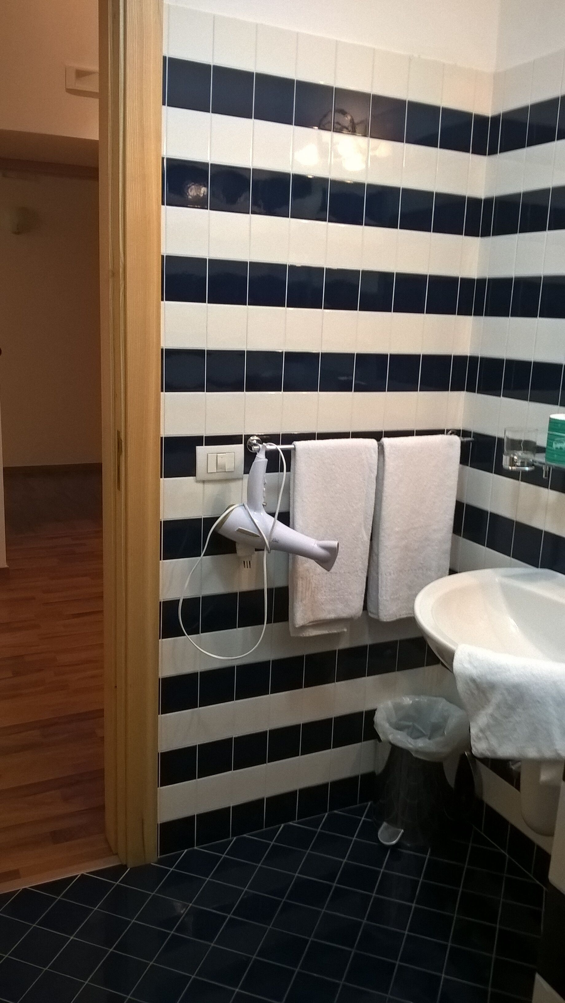 A bathroom with black and white striped tiles, a white sink, a handheld hair dryer, and a trash bin.