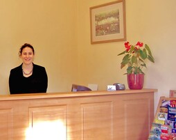 A reception desk with a wooden finish, a framed picture on the wall, and a potted red flower plant.