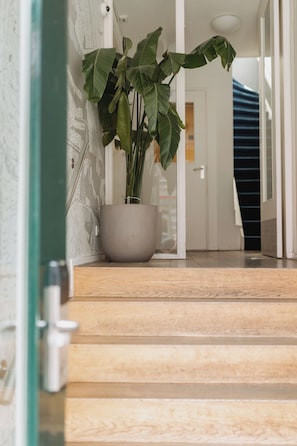 A staircase leading to a room with a potted plant on the landing. - La Boheme (Amsterdam)