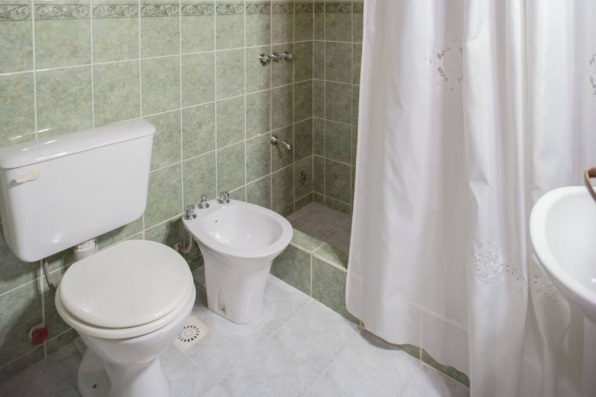 Une salle de bain équipée de toilettes, d’un bidet et d’un rideau de douche.