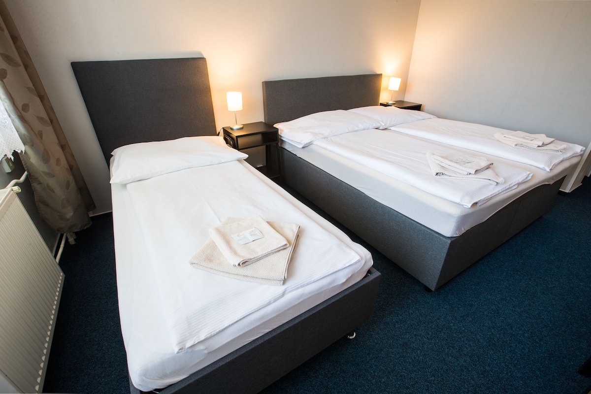 Une chambre d’hôtel avec deux lits simples, chacun doté d’une table de chevet et d’une lampe. La chambre est équipée d’une tête de lit sombre, d’un radiateur et d’une moquette bleue.