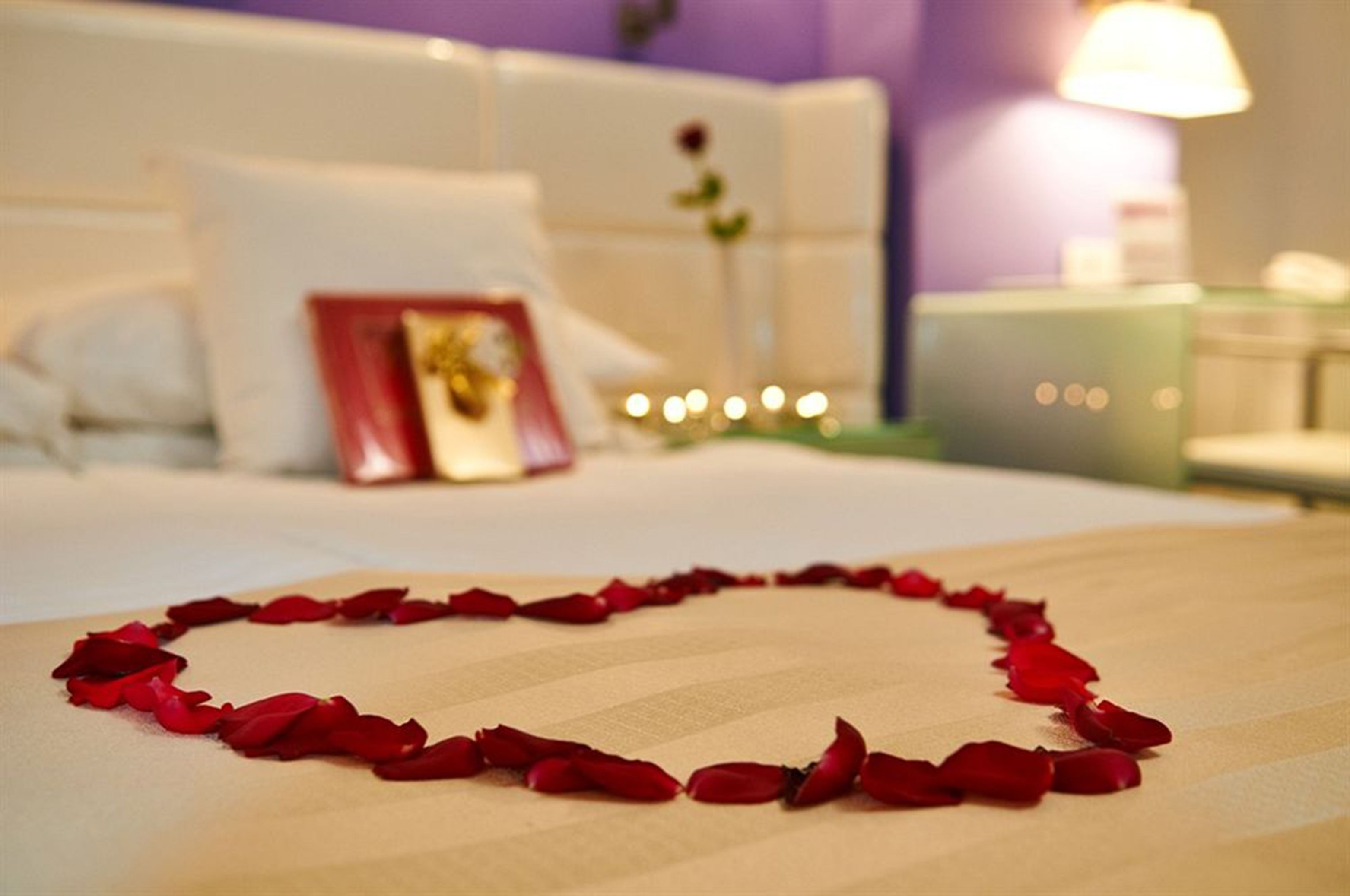A bed with rose petals arranged in a heart shape on the bedspread, a bedside table with a lamp, and a nightstand with a lamp.