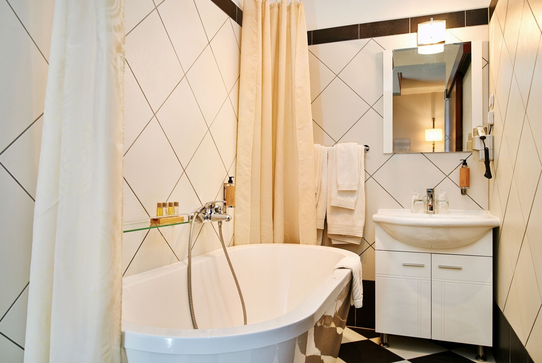 Hair dryer, bathrobes, slippers, towels