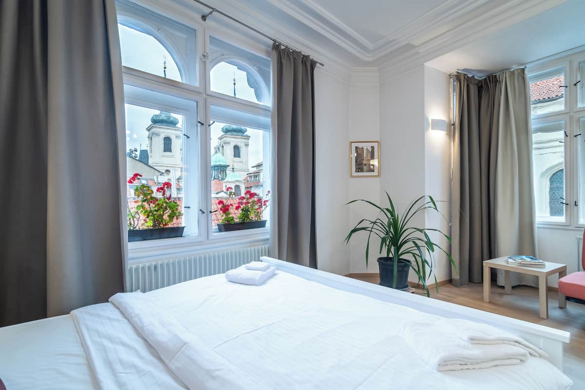 Camera d'albergo con un letto grande, una pianta in vaso, un tavolino e vista su un edificio con fiori rossi all'esterno.