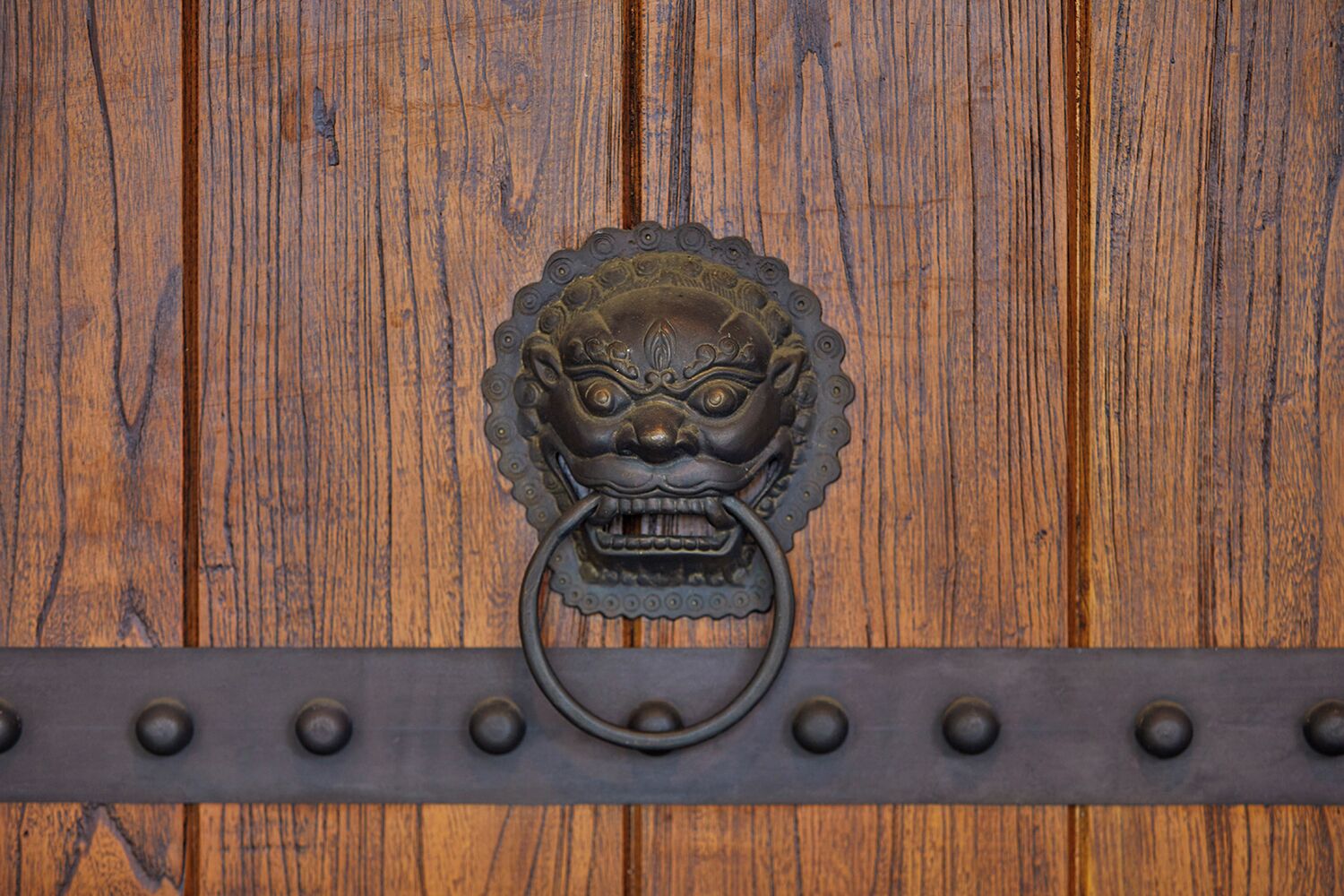 Una puerta de madera con un llamador de cabeza de león de metal y un tirador de aro metálico.