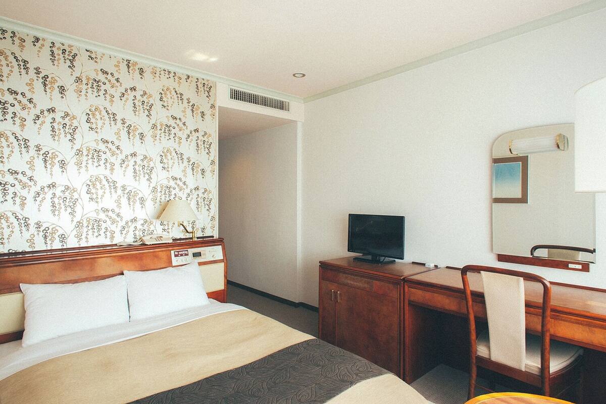 Una camera d'albergo con un letto, una scrivania con televisore, una sedia e uno specchio.