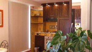 A kitchen with wooden cabinets, a stove, and a sink. There is a potted plant on the counter. - Mamma Maria (Taormina)