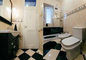 Combined shower/bathtub, deep-soaking bathtub, rainfall showerhead