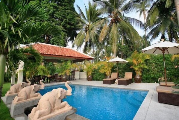 Outdoor pool, pool umbrellas