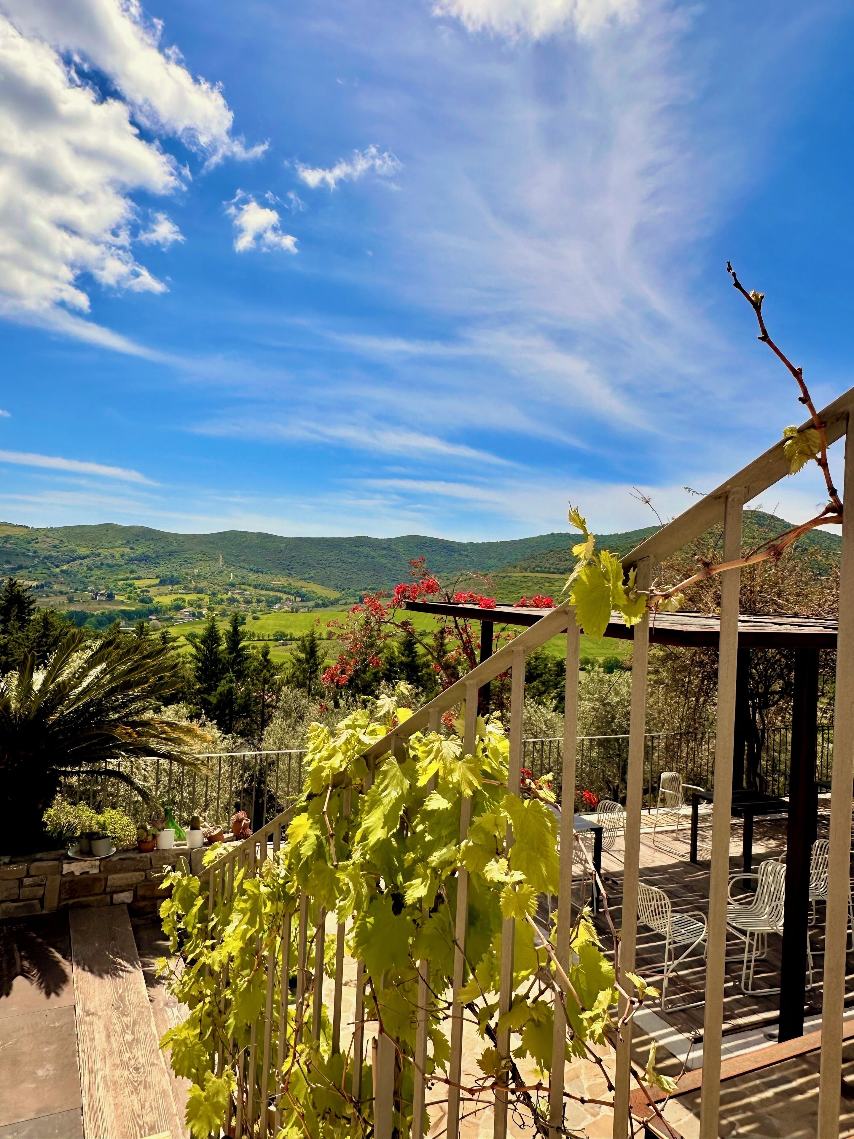 A terrace with a view of green hills and a clear sky.