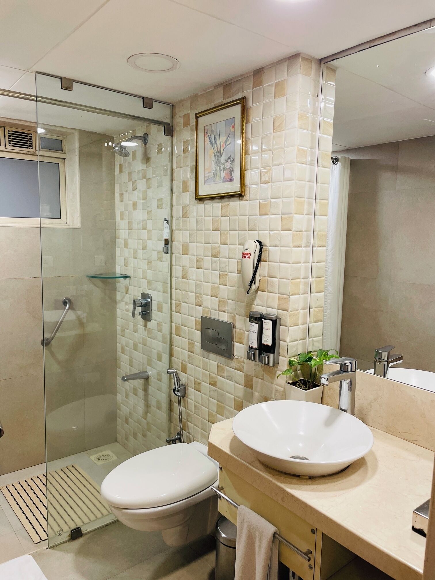 Une salle de bain moderne avec une douche à parois de verre, des toilettes, un lavabo avec un meuble-vasque et une œuvre d’art encadrée au mur.