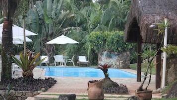 Outdoor pool, pool umbrellas, pool loungers