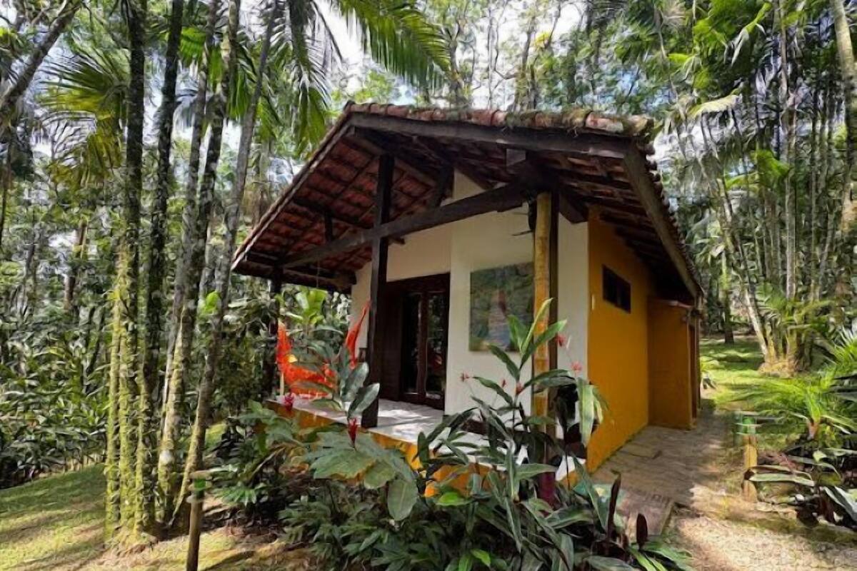 A small, single-story building with a sloped roof, surrounded by dense tropical vegetation.