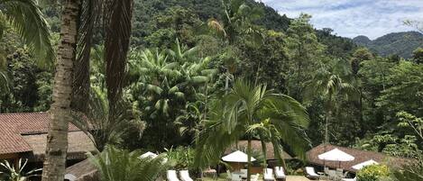 Outdoor pool, pool umbrellas, sun loungers