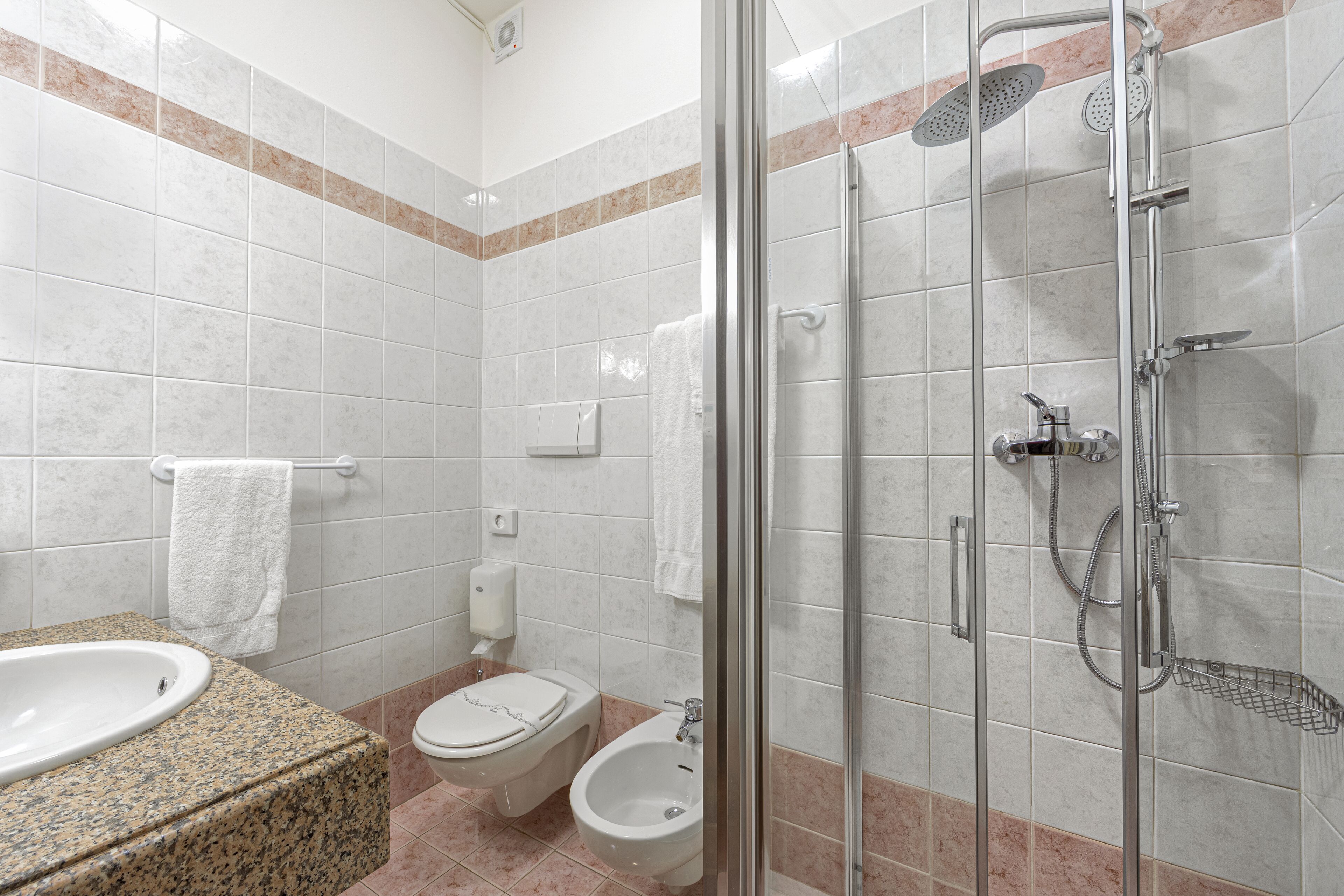 A bathroom with a glass-enclosed shower, a sink with a granite countertop, a toilet, and a bidet.