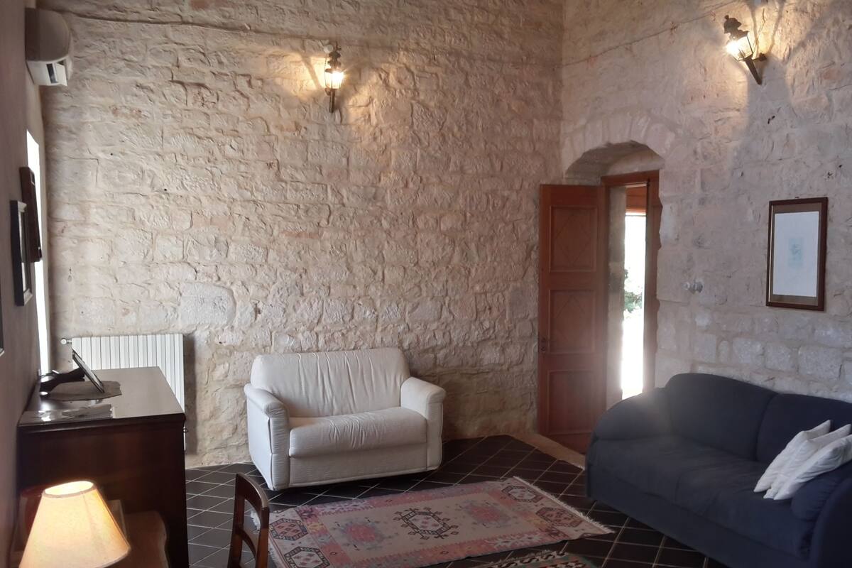 Una stanza con parete in pietra, una poltrona bianca, un divano scuro, un tappeto decorato e un tavolino con una lampada.