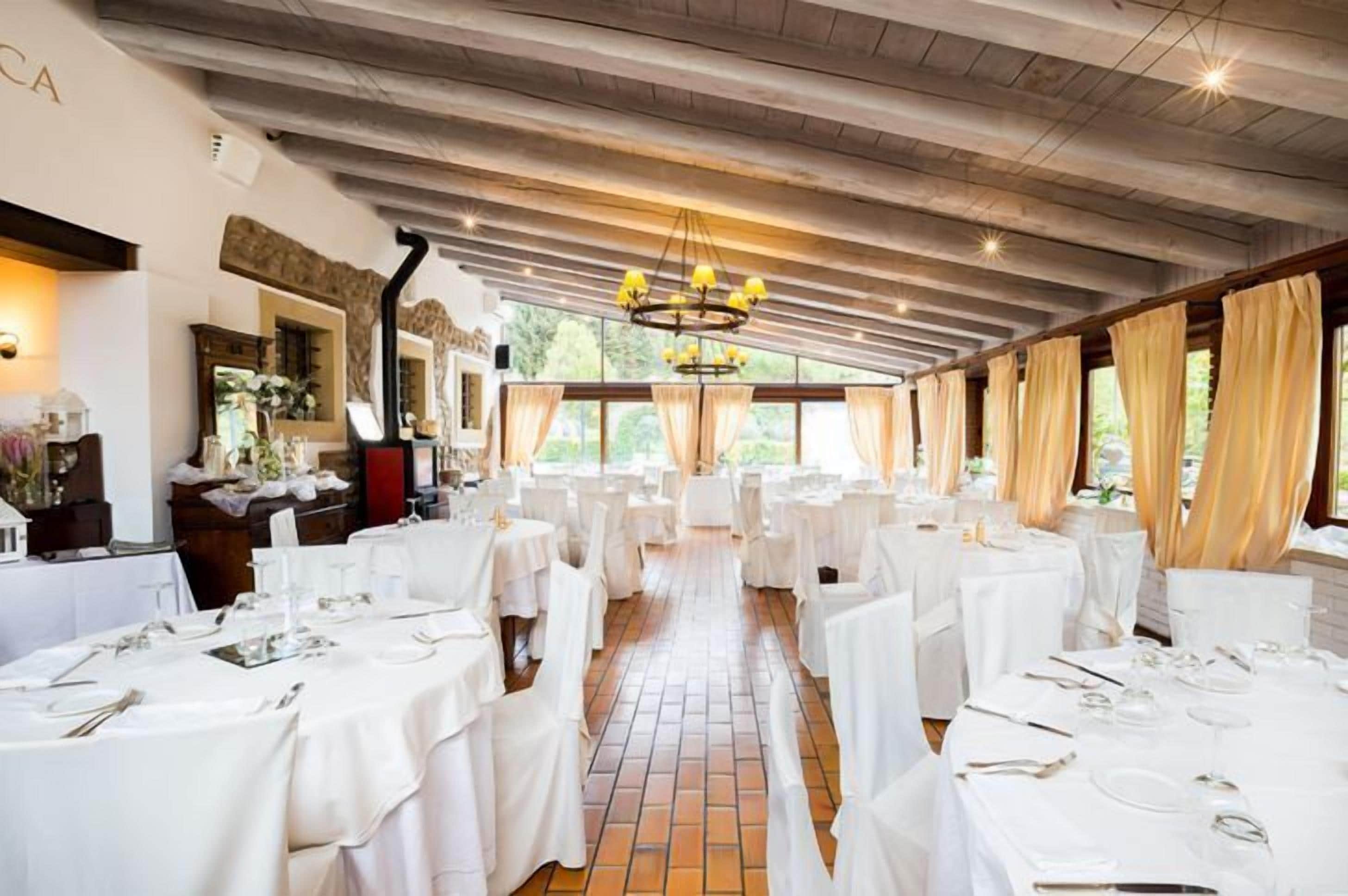 Dinner served, Italian cuisine, garden views 