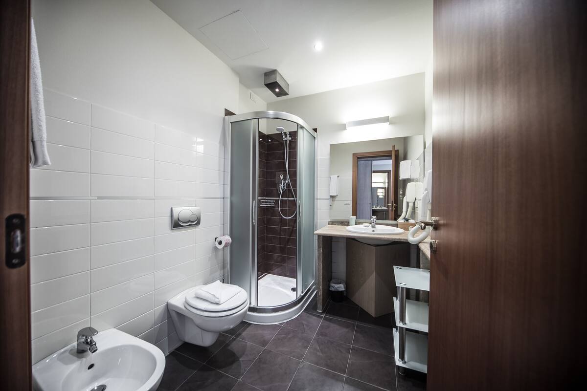 hair dryer, bathrobes, slippers, bidet