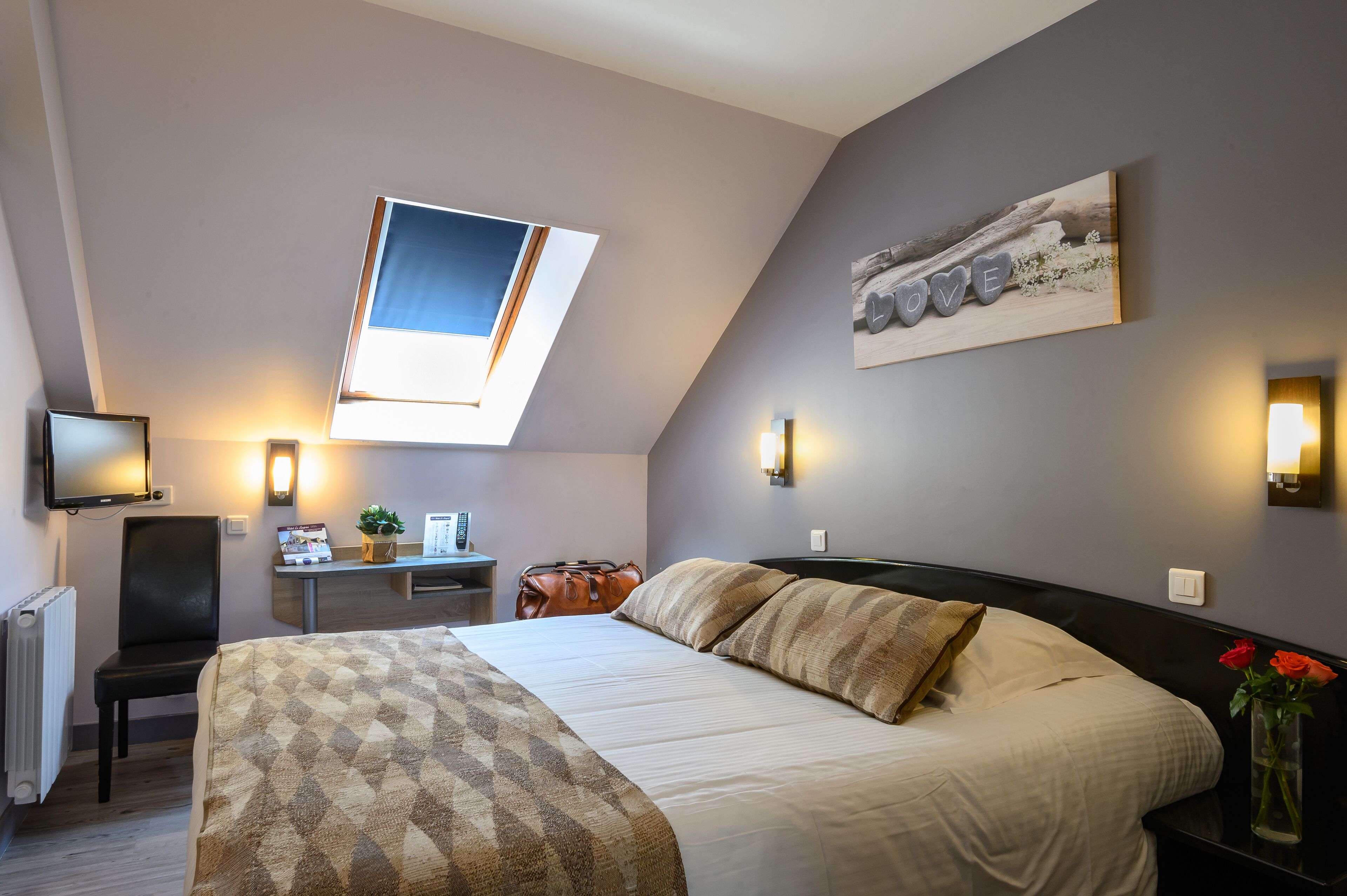 Un dormitorio con una cama grande, un escritorio, una silla, un televisor y un tragaluz.
