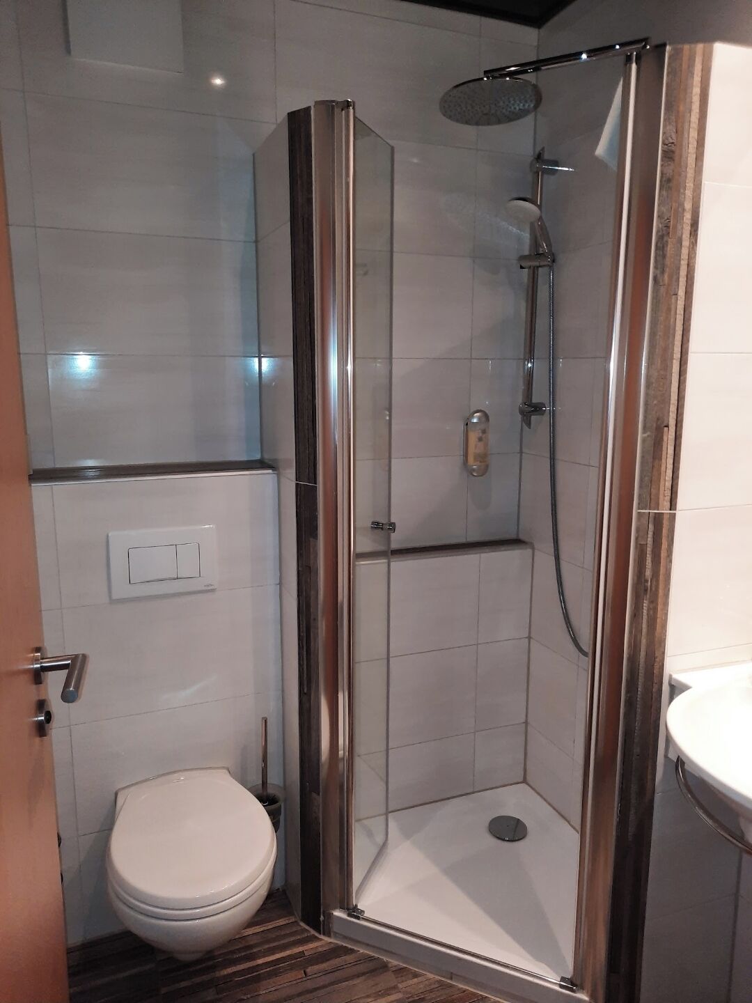 A modern bathroom with a glass-enclosed shower, a toilet, and a sink.