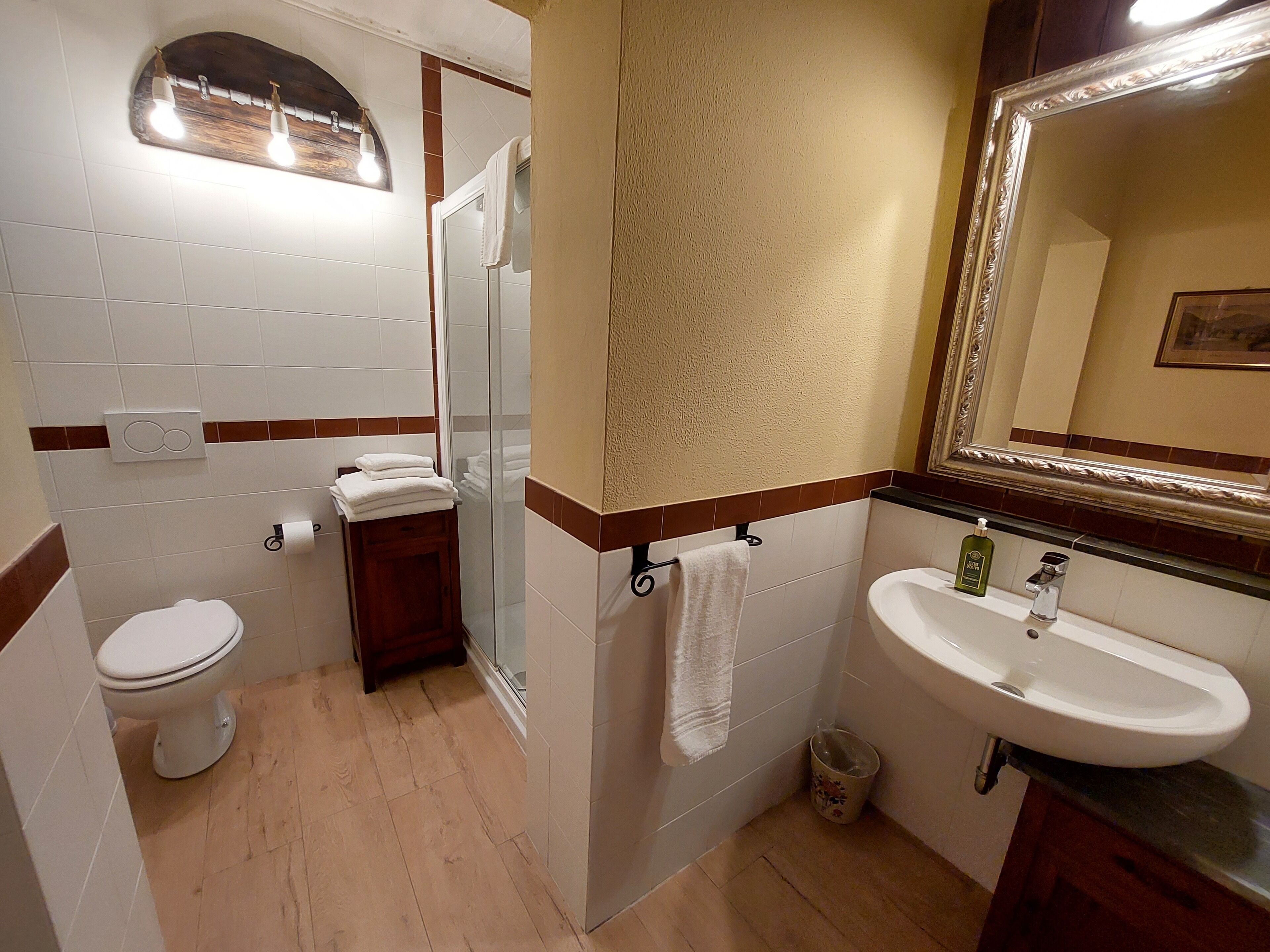 A bathroom with a toilet, a sink, a shower, and a mirror.