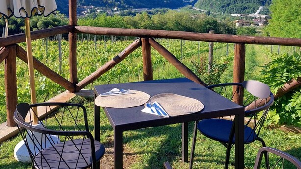 Une table et des chaises sont disposées à l’extérieur, offrant une vue sur une vallée et des montagnes.