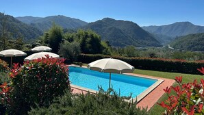 Une piscine avec vue sur les montagnes, entourée de verdure et de parasols.
