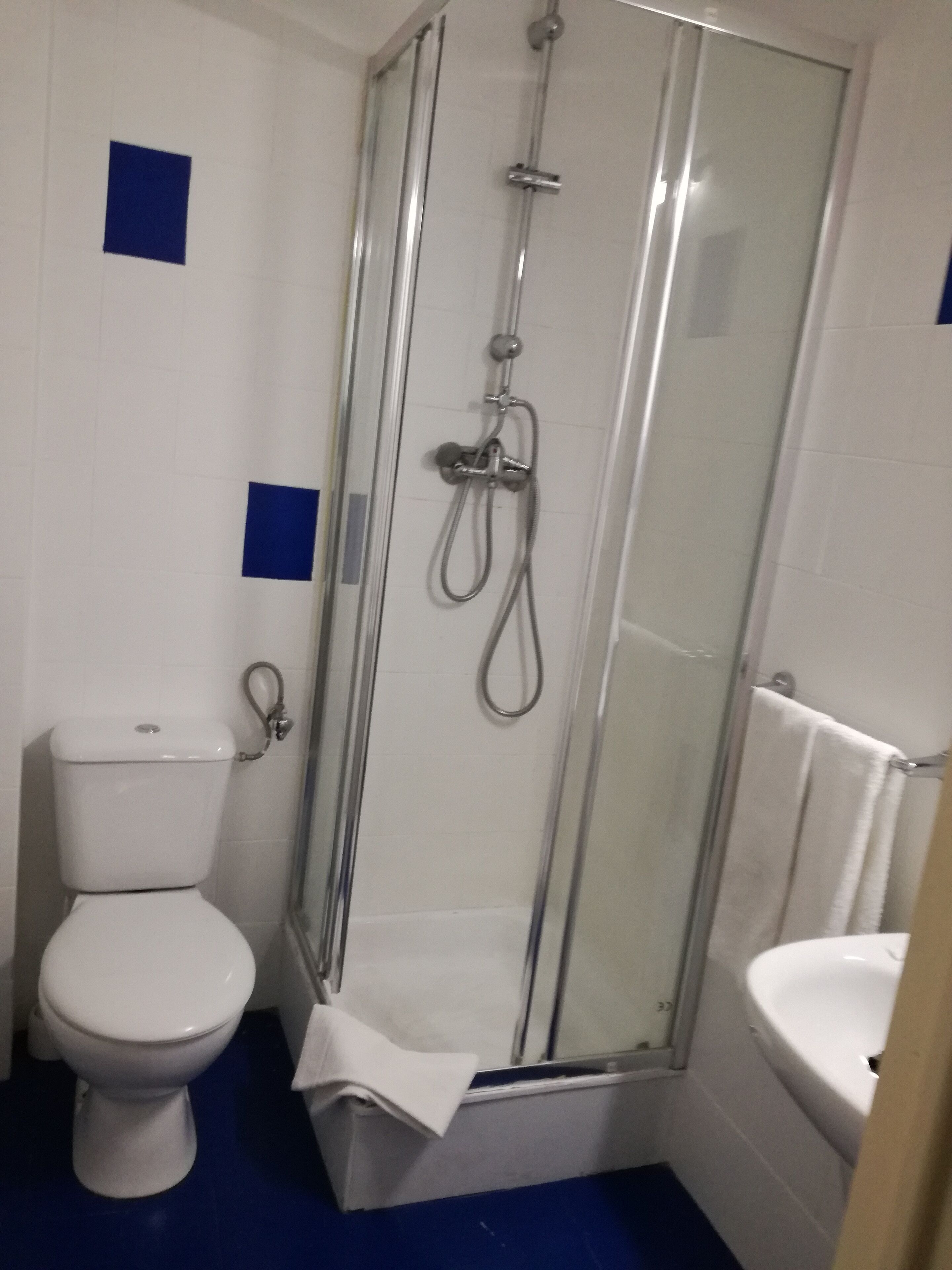 A bathroom with a glass-enclosed shower, a white toilet, and a white sink.