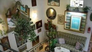 Una escalera con barandilla de metal que conduce a una sala de estar con sofá, una mesita y diversas plantas.