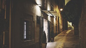A narrow alleyway with buildings on either side, a tiled pavement, and a small tree in a pot. - Hotel Leonor de Aquitania (Cuenca)