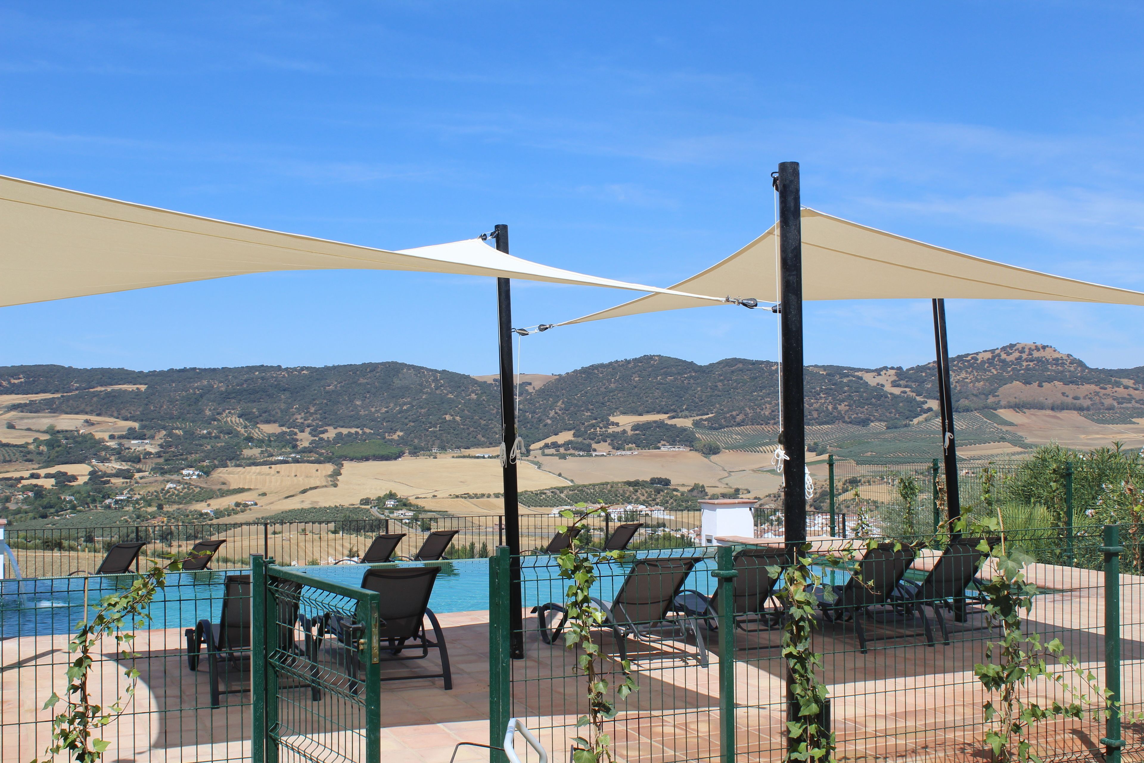 outdoor pool, pool umbrellas, pool loungers