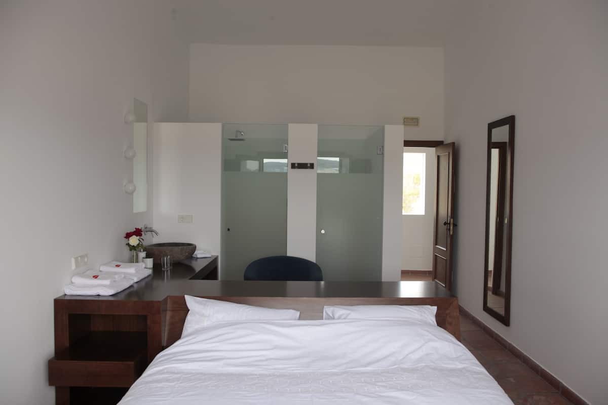 Hotelkamer met een bed, een bureau met spiegel, een stoel en een zichtbare badkamer door een glazen deur.