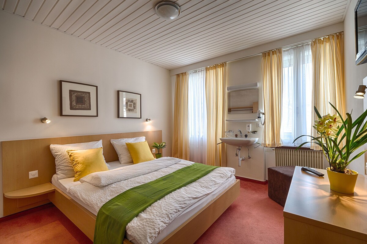 A hotel room with a bed, bedside table, potted plant, and a bathroom with a sink and mirror.
