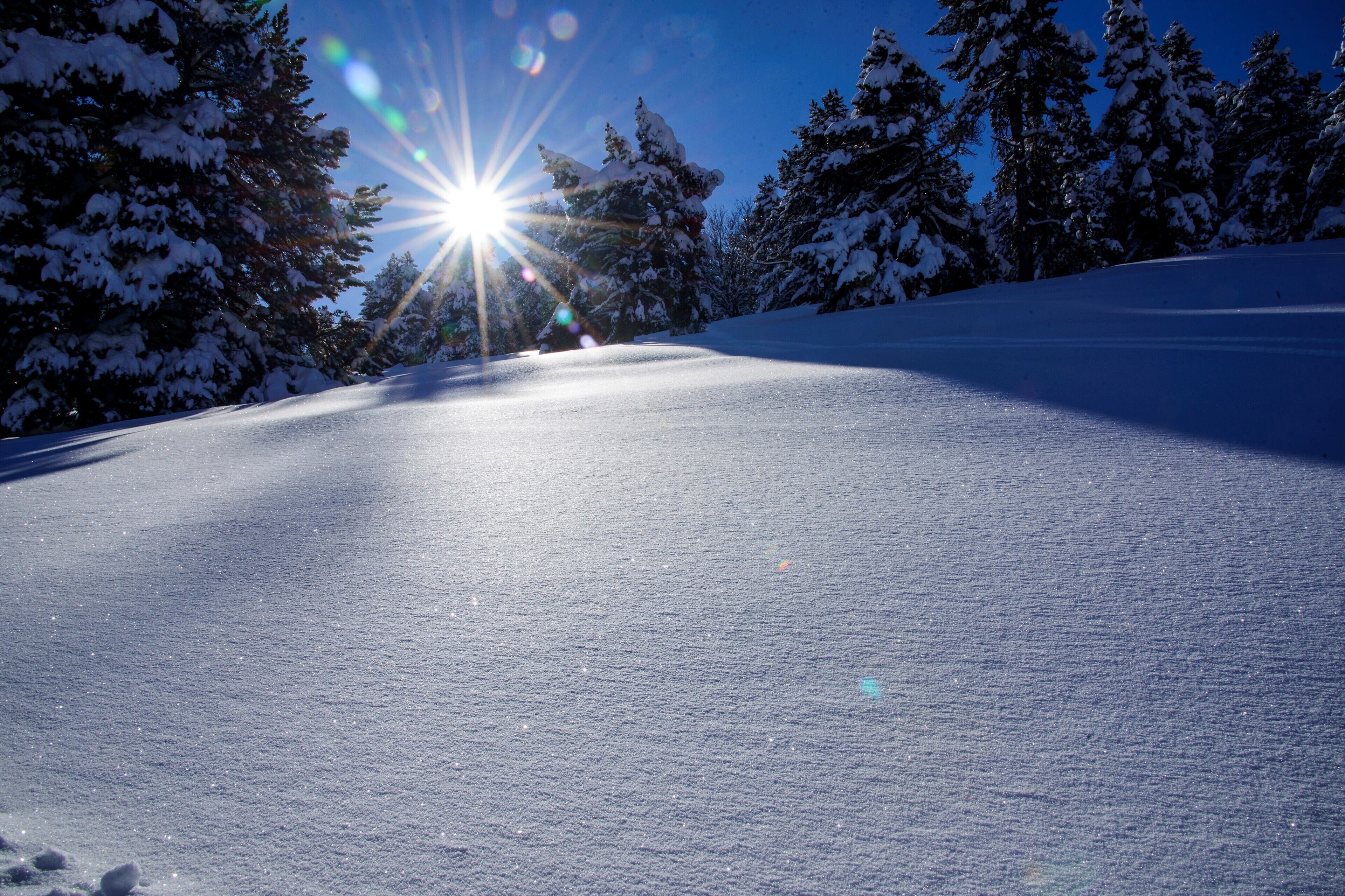 Pendiente nevada con cielo despejado y luz solar.