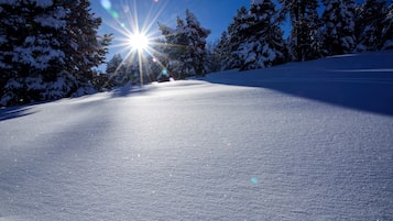 Pendiente nevada con cielo despejado y luz solar.