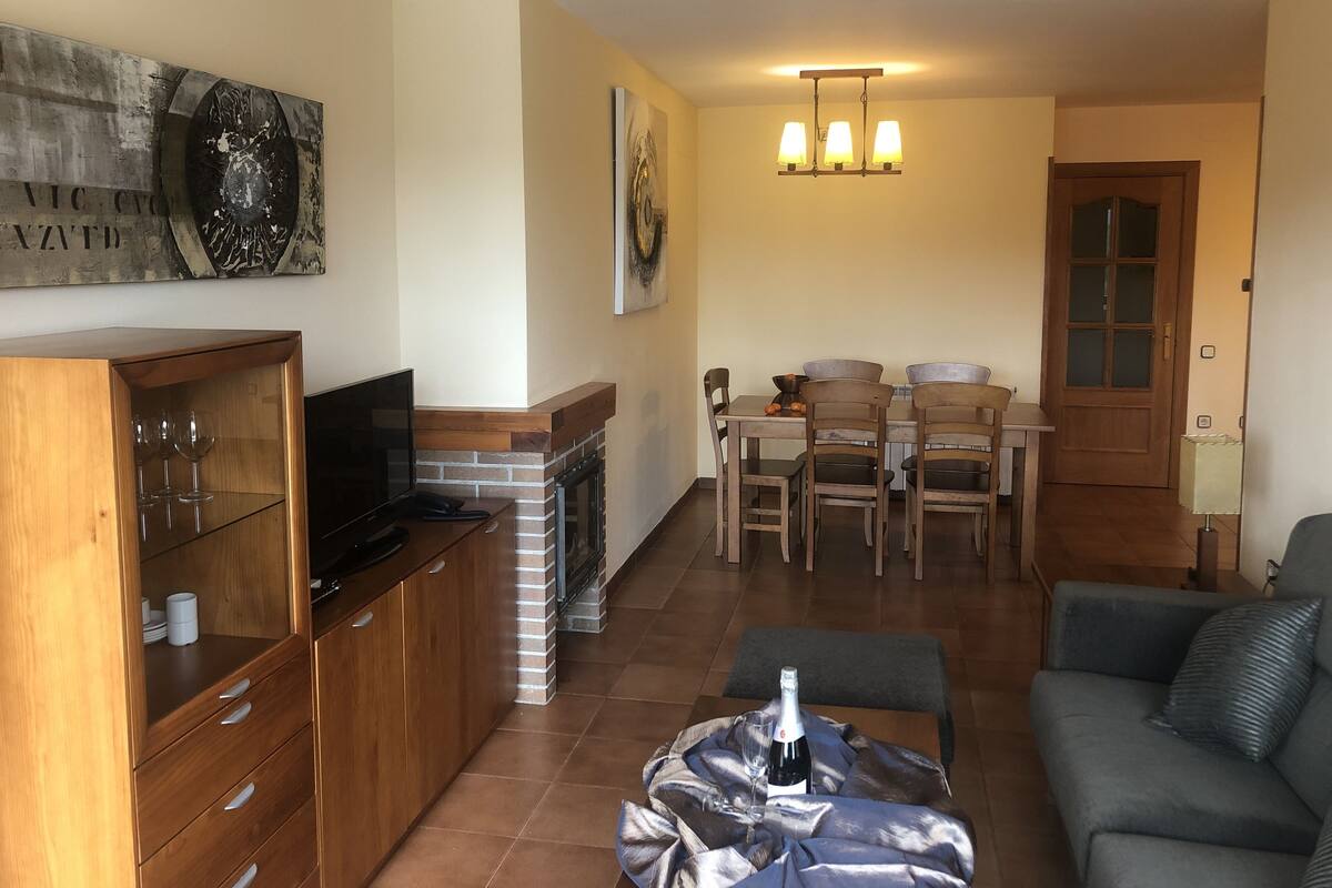 A living room with a sofa, a TV, a fireplace, and a dining area with a table and chairs.