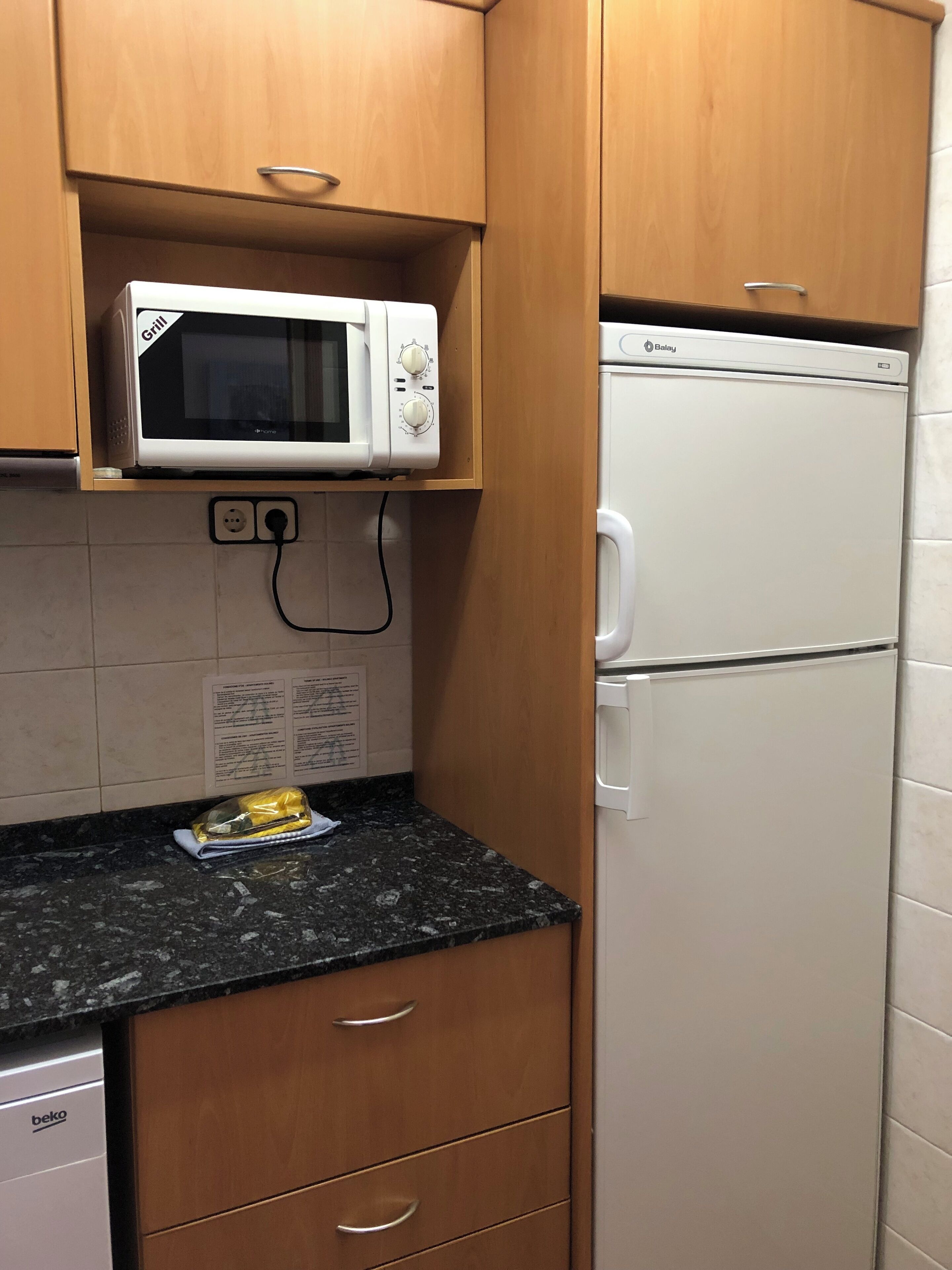 Une cuisine compacte équipée d’un four à micro-ondes, d’un réfrigérateur et d’un lave-vaisselle.
