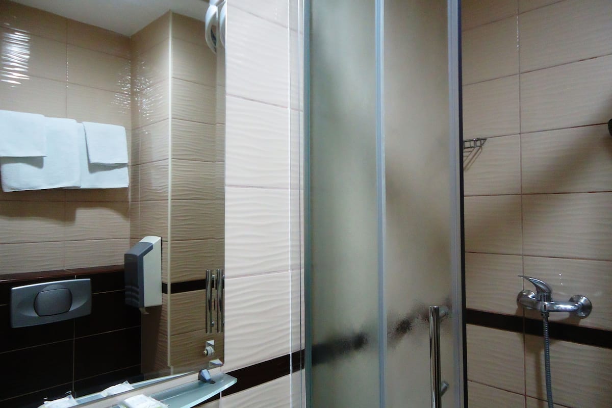 classic double room | bathroom | shower, free toiletries, hair dryer, slippers
