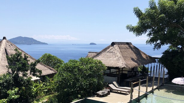 Un área de piscina con estructuras de techo de paja, sillas de descanso y vistas al mar.