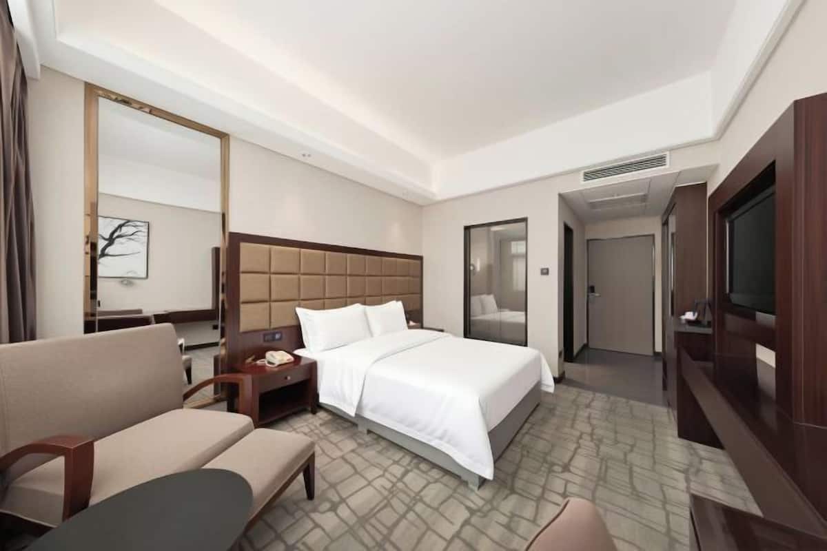 A hotel room with a bed, a sofa, a TV, a desk, and a mirror.